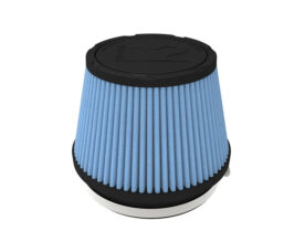 Blue pleated cone-shaped car air filter with black top and white base, used in engine intakes, viewed from the side.