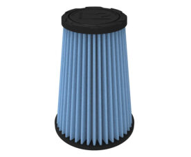 Blue pleated cylindrical air filter with black circular end caps, used in engines or HVAC systems.