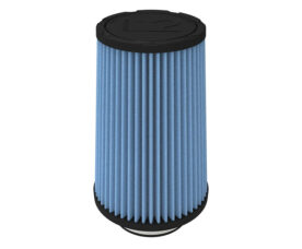 Blue pleated cylindrical air filter with black end caps, used as a vehicle air intake filter.
