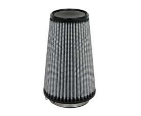 Cone-shaped engine air filter with pleated metal mesh and black end caps, standing upright