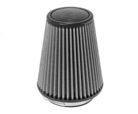 Cone-shaped engine air filter with pleated gray fabric and black top, used to clean intake air.
