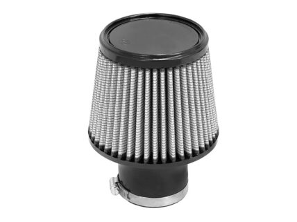 Conical automotive air filter with metal mesh, black end caps, and a clamp at the bottom for installation