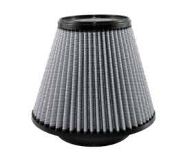 Conical automotive air filter with pleated media and black end caps, used in engine air intake