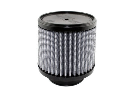 Engine air filter with pleated element and black end caps, isolated on white background.