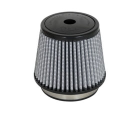 Cone-shaped air filter with metal mesh and black end caps on top and bottom.