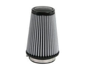 Conical metal mesh air filter with a black top and silver base rim used in automotive or motorcycle engines