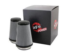 Two cylindrical pleated air filters with black tops, beside a black aFe POWER box.