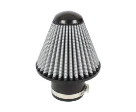 Conical aftermarket air filter with metal mesh and a clamp at the base, used for engines like motorcycles or cars.