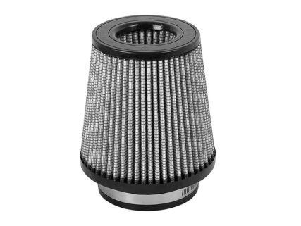 Conical high-flow engine air filter with metal mesh exterior and rubber seals at the ends.