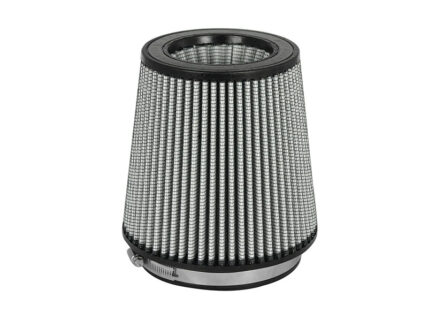 Cone-shaped air filter with pleated metal mesh and black end rings.