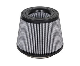 Cone-shaped automotive air filter with pleated filtration media and black end caps