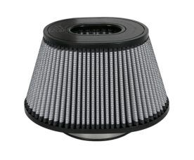 Cone-shaped engine air filter with black top and bottom rims and pleated metal mesh elements