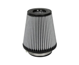 Conical automotive air filter with pleated metal mesh and rubber seals for engine intake air filtration.