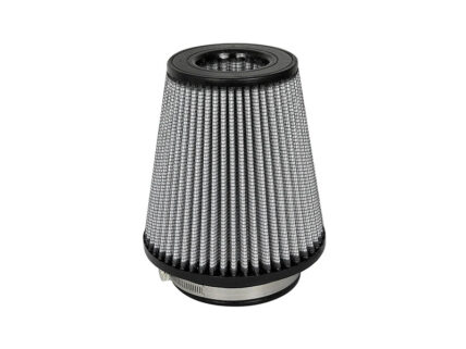 Conical automotive air filter with pleated metal mesh and rubber seals for engine intake air filtration.