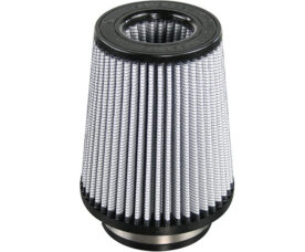 Conical automotive air filter with pleated metal mesh and black end caps.