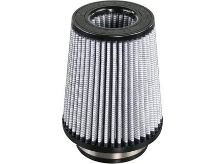 Conical automotive air filter with pleated metal mesh and black end caps.