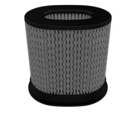 Cylindrical pleated air filter with black end caps on top and bottom.