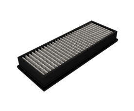 Rectangular black air filter with pleated white filtration media arranged in rows, shown at an angle.