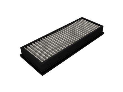 Rectangular black air filter with pleated white filtration media arranged in rows, shown at an angle.