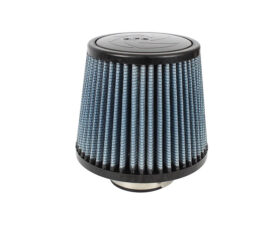 Cone-shaped car air filter with blue pleated fabric and black ends as it sits alone on a white background.