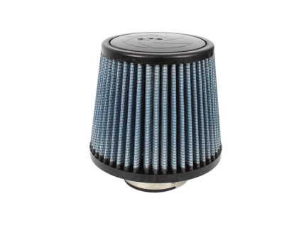 Cone-shaped car air filter with blue pleated fabric and black ends as it sits alone on a white background.