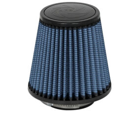 Blue tapered automotive air filter with black end caps and pleated fabric fungus pattern (cone-shaped).