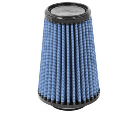 Blue conical air filter with black ends for automotive intake systems, pleated fabric design.