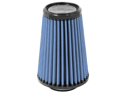 Blue conical air filter with black ends for automotive intake systems, pleated fabric design.