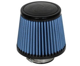 Blue conical automotive air filter with black ends and a metal clamp, used to improve engine airflow