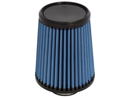 Conical blue pleated air filter with black end caps for a car engine intake