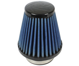 Blue conical car air filter with black top and bottom caps for automotive use, pleated fabric design