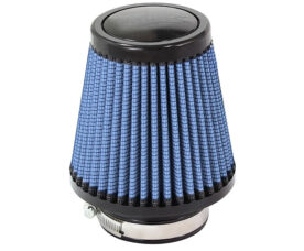 Blue conical pleated air filter with a metal base and clamp, used in car engines