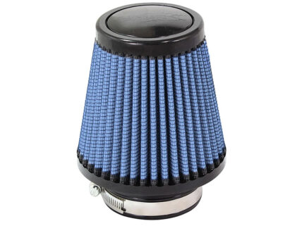 Blue conical pleated air filter with a metal base and clamp, used in car engines