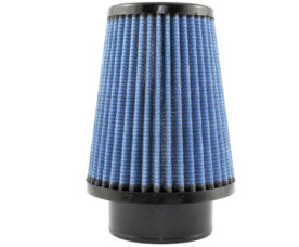 Blue pleated automotive air filter cone with black end caps and base plate
