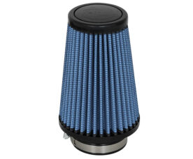 Blue cone-shaped car air filter with pleated fabric and black top and base caps