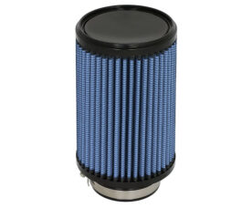 Blue pleated cylindrical air filter with black end caps, likely for an engine intake