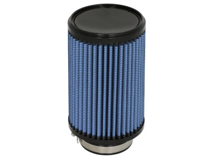 Blue pleated cylindrical air filter with black end caps, likely for an engine intake