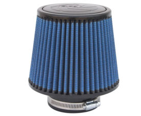 Blue cone-shaped car engine air filter with pleated fabric and a metal band clamp at the base