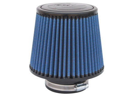 Blue cone-shaped car engine air filter with pleated fabric and a metal band clamp at the base