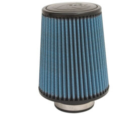 Conical blue pleated air filter with a black top and metal base, used in automotive air intakes.