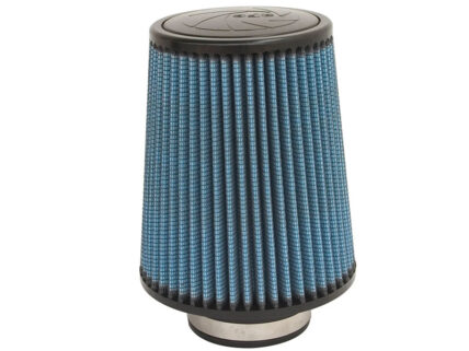 Conical blue pleated air filter with a black top and metal base, used in automotive air intakes.