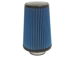 Blue pleated cone air filter with black caps, used for engine intake protection