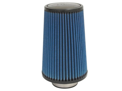 Blue pleated cone air filter with black caps, used for engine intake protection
