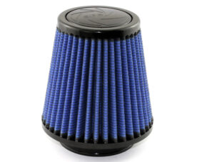 Blue conical car engine air filter with black plastic ends and pleated fabric
