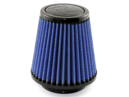 Blue conical car engine air filter with black plastic ends and pleated fabric