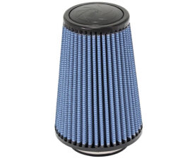 Blue pleated cone air filter with black end caps, on a white background