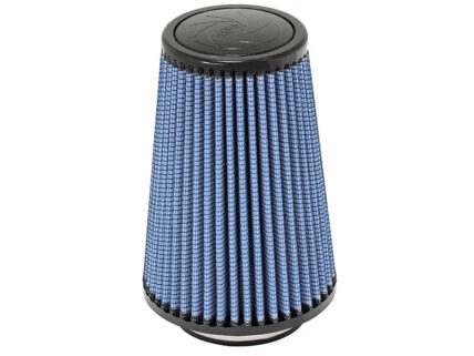 Blue pleated cone air filter with black end caps, on a white background
