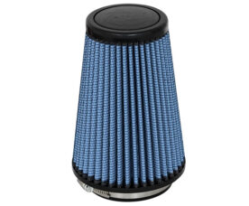 Blue cone-shaped automotive air filter with pleated fabric, black top and bottom caps, used in car engines for intake filtration.
