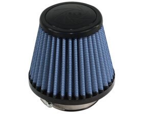 Blue conical air filter with pleated fabric and a metal clamp for automotive or motorcycle intake