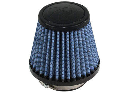 Blue conical air filter with pleated fabric and a metal clamp for automotive or motorcycle intake